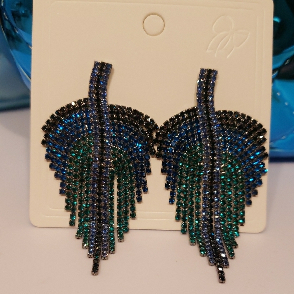 Elegant Blue and Green Leaf Earrings - Picture 2 of 8